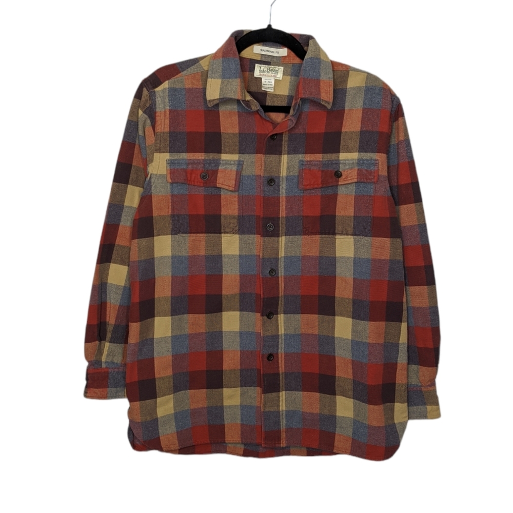L.L. Bean Chamois Cloth Plaid Flannel Shirt Button Nature Earth Tones Medium Vtg